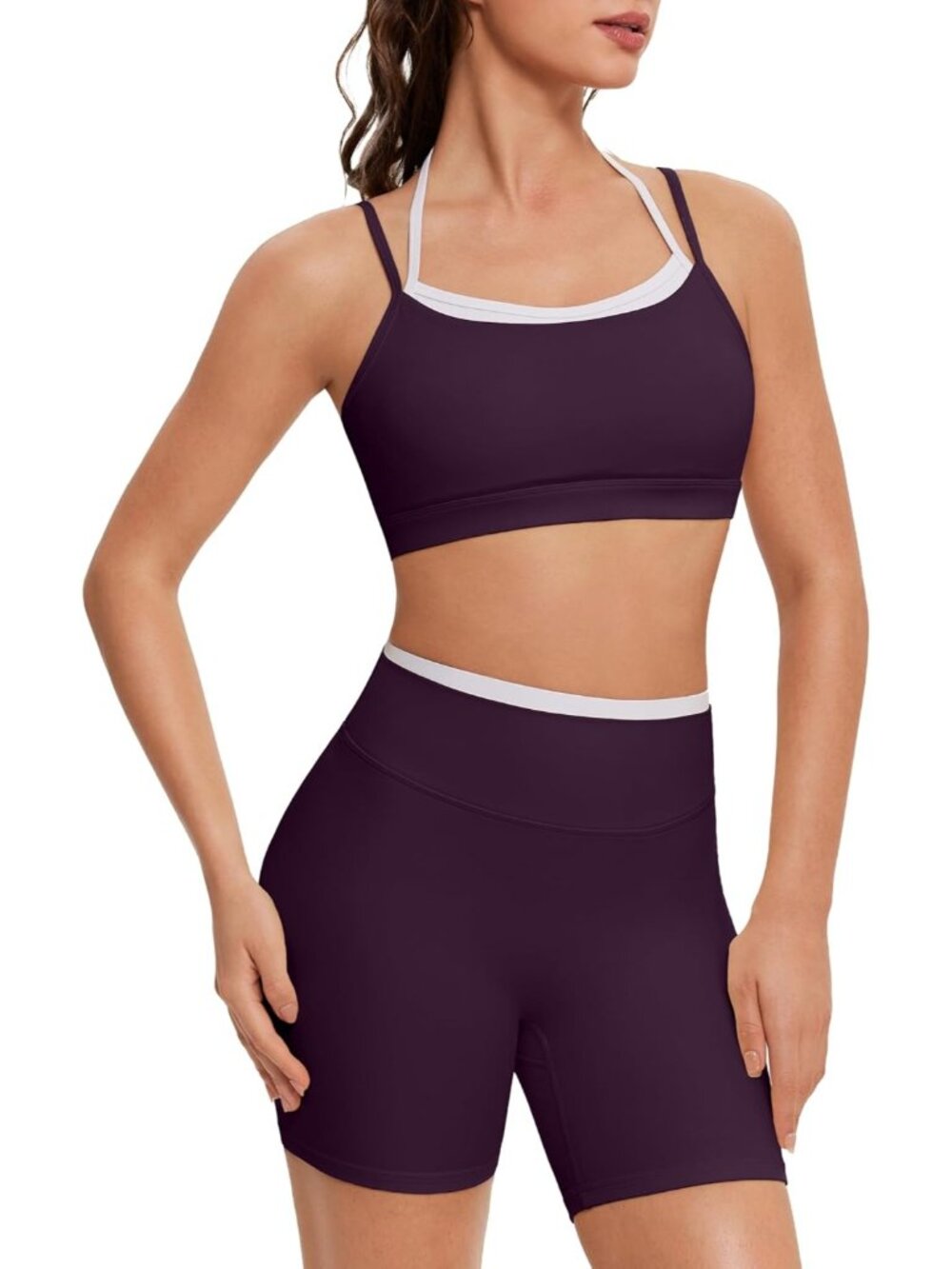 Women's Purple Doubel Layer Open Back Activewear Sports Bra & Gym Shorts Sets
